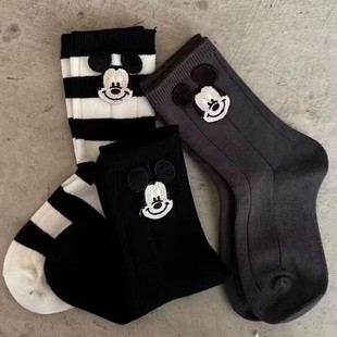 2024 New Cartoon Children's Socks Black and White Striped Double Needle Autumn Cotton Mickey Mouse Mid-tube Socks for Boys and Girls