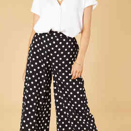 欧美外贸女装长裤波点印花阔腿裤高腰松紧休闲甩腿裤棉质女裤子