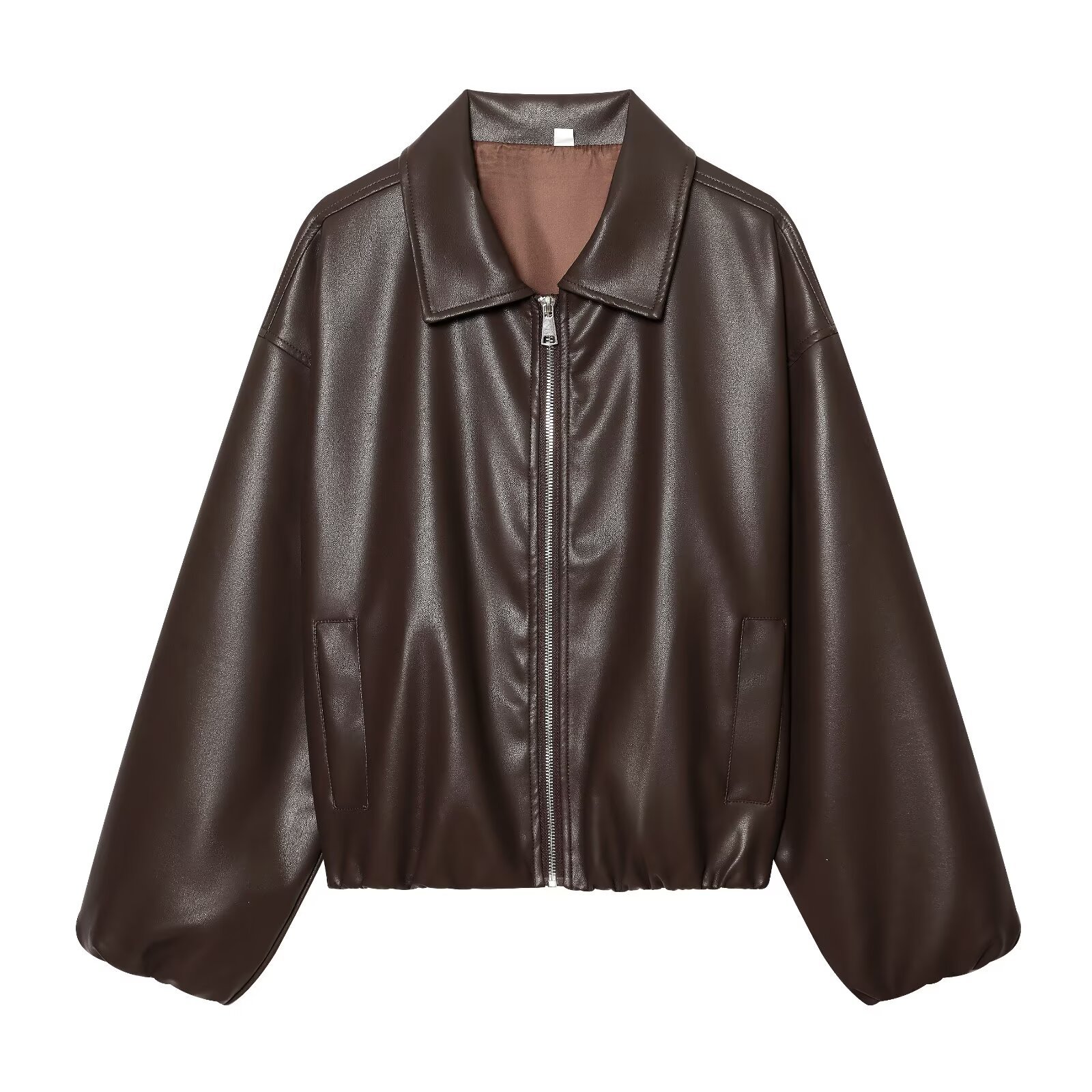 Qadın aviator dəri jaket, düz rəngli, qısa