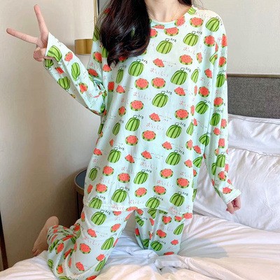 Fábrica al por mayor pijamas delgados de las mujeres moda dibujos animados cuello redondo manga larga pantalones pequeño estudiante homewear traje