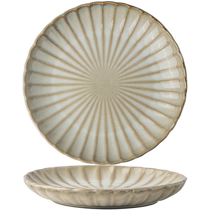Fangju Yellow Relief 2025 nuevo plato de pasta de cerámica de disco de 8 pulgadas plato de postre retro plato de cena exportación transfronteriza