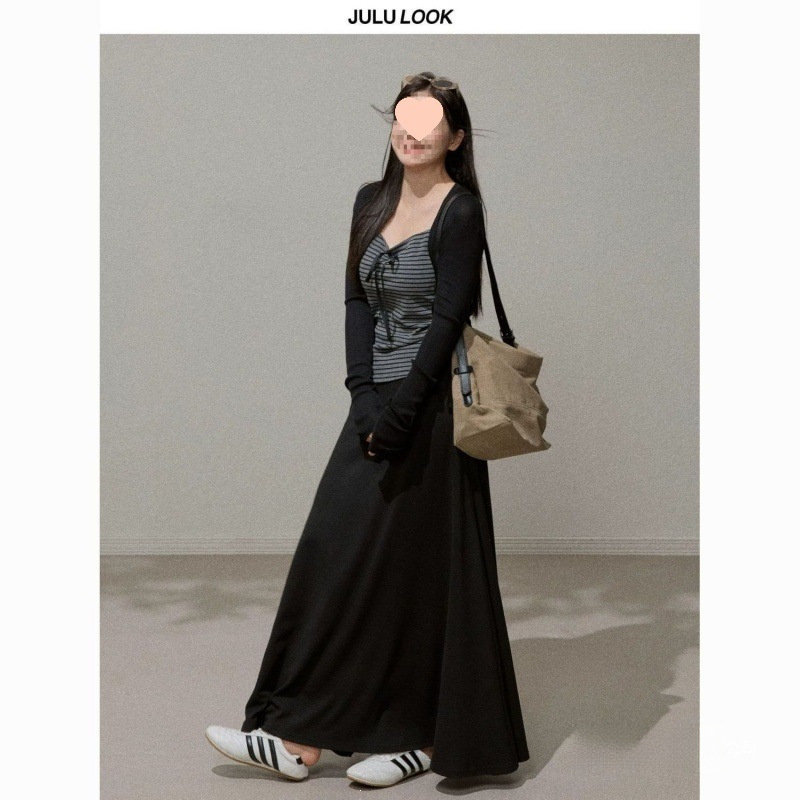 Julu Studio Korean-Style Loose-Fitting Striped Suspender Top and Elegant Cardigan High-Waisted Skirt Plus-Size Set for Women