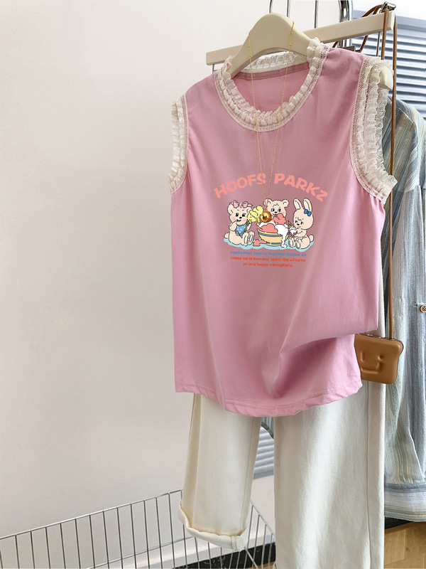 Special official figure [220g tide brand cotton shaking quality] lace lace sleeveless vest T-shirt female 2024 new