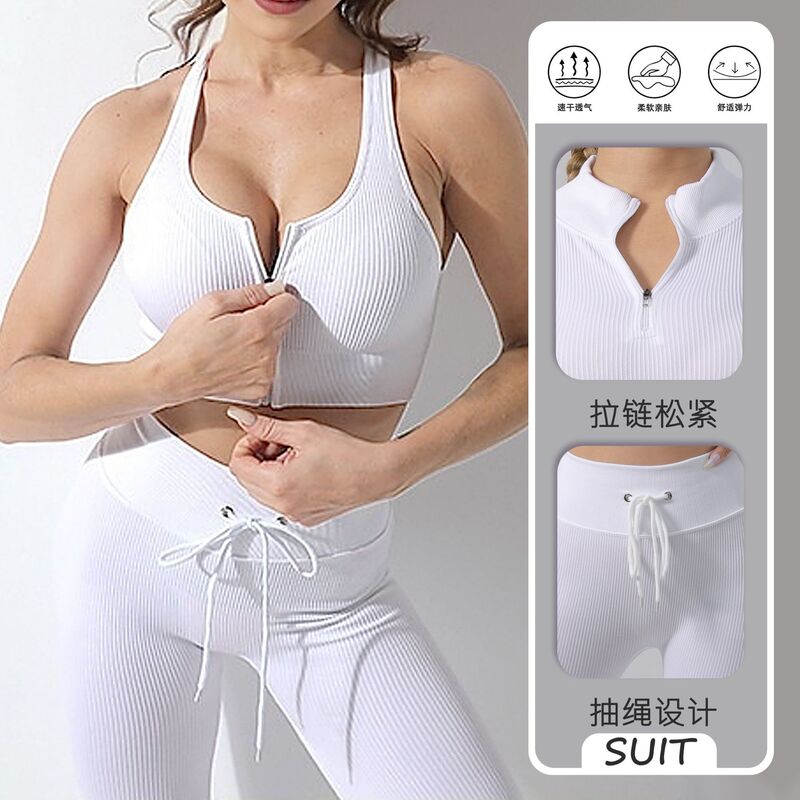 European and American Seamless Zipper Push-Up Bra Sports Long-Sleeved Fitness Shorts Quick-Drying Short-Sleeved Running Pants Yoga Suit