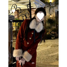 红色战袍mm毛呢法式复古新款小香风秋冬短款外套淑女半裙两件套女