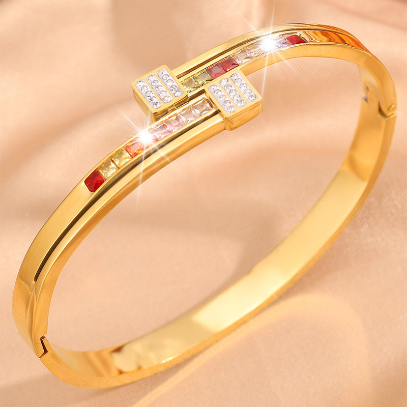 Zircon Inlay Material Bangle Classification 1 Piece Quantity Vintage Style Classic Style Geometric Titanium Steel Bangle In Bulk