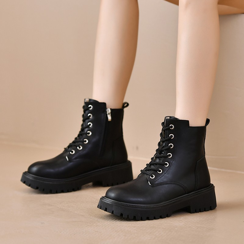 外贸女靴马丁靴2024秋冬新款单里加绒厚底拉链系带黑色经典短靴女
