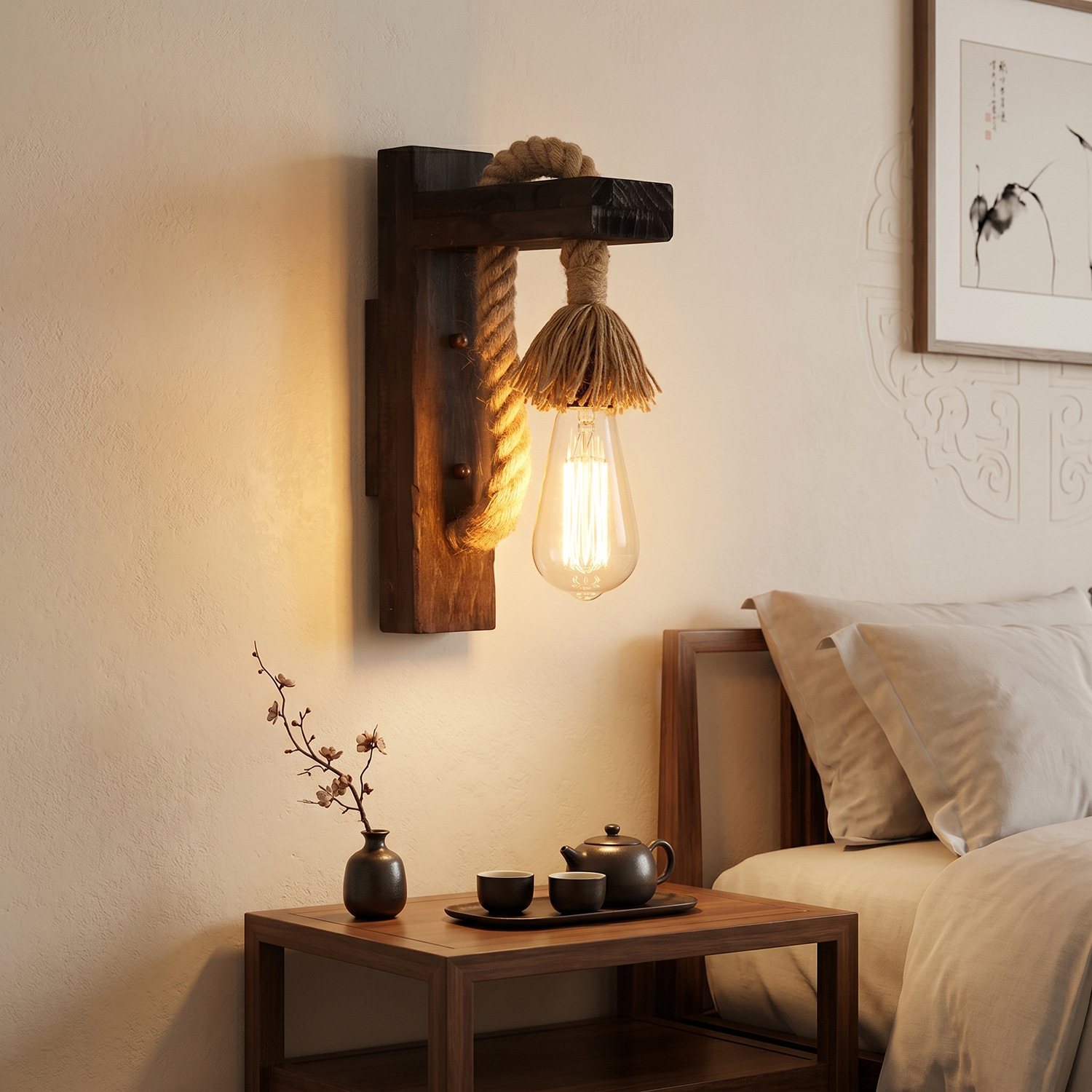 Lámpara de pared personalizada de estilo industrial retro, decoración artística de madera antigua, lámpara LED de madera con cuerda de cáñamo para mesita de noche, casa de huéspedes, restaurante pastoral