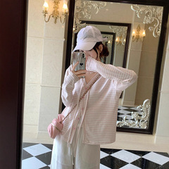条纹V领绑带开衫防晒外套女2025夏季韩系慵懒宽松薄款外搭上衣潮