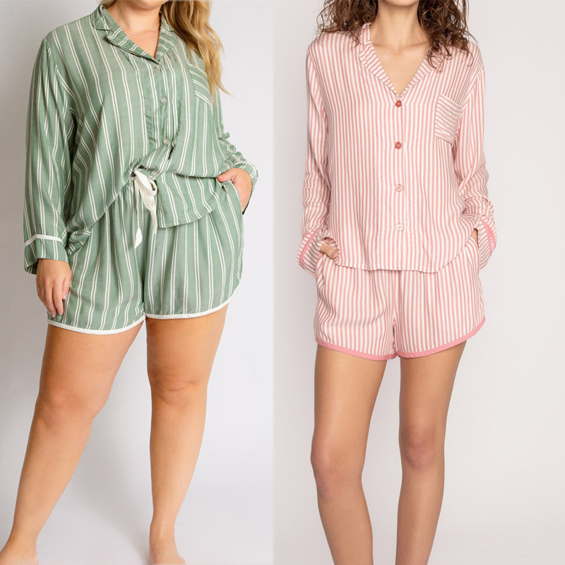 Home wear shirt shorts suit new two-piece women's striped pajamas long sleeve shorts suit SU3719