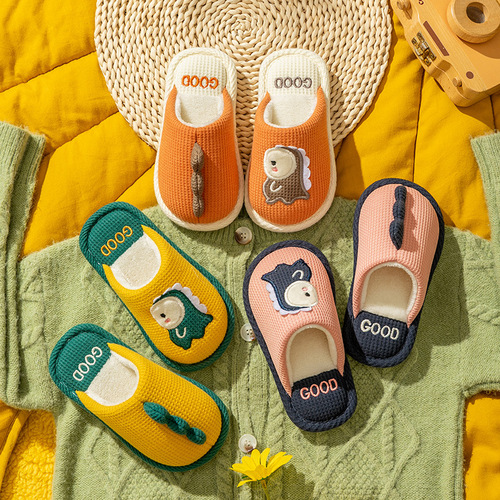 Children's Cotton Slippers for Autumn and Winter, Cute Dinosaur Home Indoor Anti-Slip Warm Plush Slippers for Toddlers