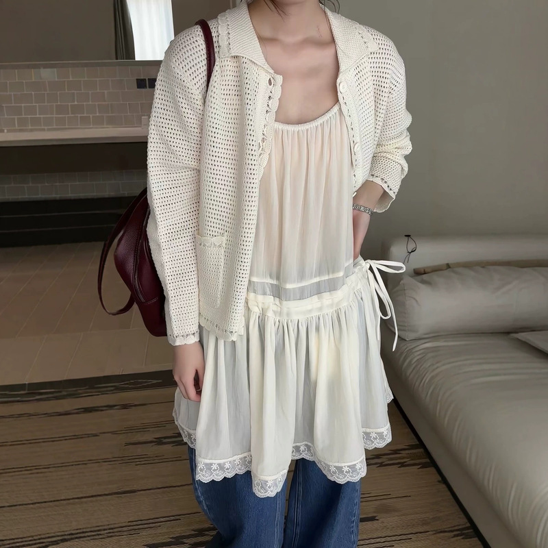Collared Crochet Hollow Knit Cardigan for Women, 2026 Autumn/Winter New Korean Style, LC Casual Long Sleeve Top for Women