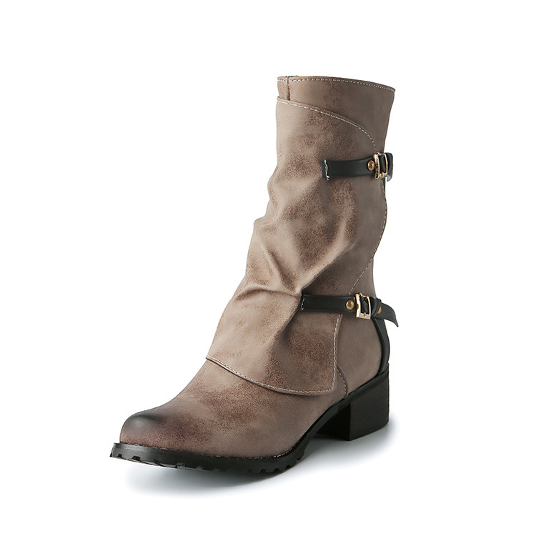 Retro boots, belt, buckle, Amazon, plus size, mid-length