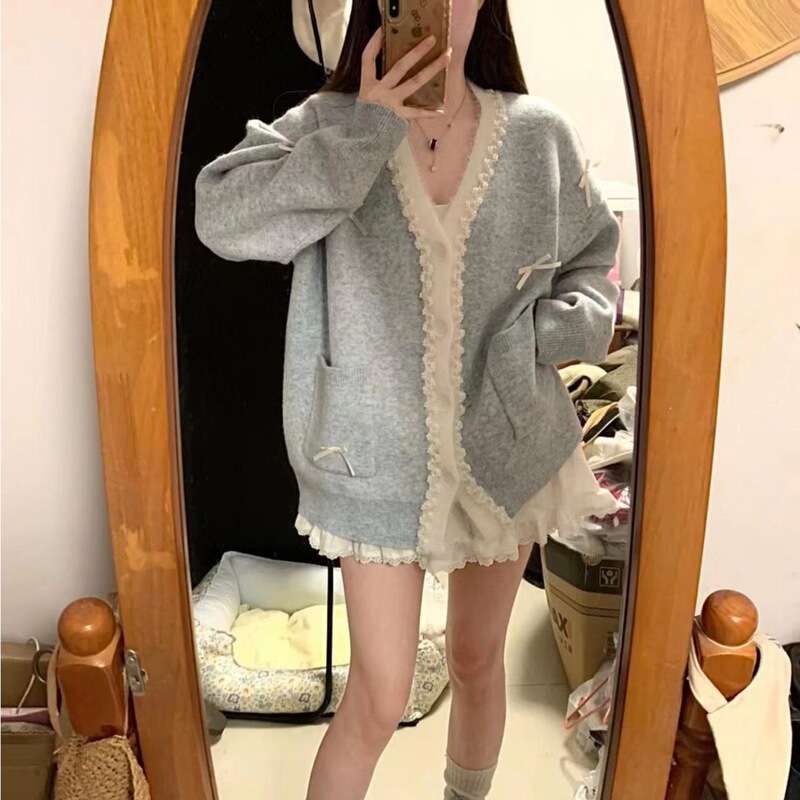 毛衣开衫外套女蝴蝶结2025秋冬季韩系穿搭宽松慵懒风针织衫上衣女|undefined