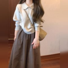 韩系盐系轻熟两件套女秋冬季2025新款领针织上衣半身长裙套装
