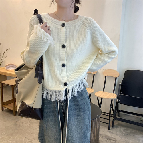 Korean-style design long-sleeved cashmere sweater coat for women, autumn and winter tassel loose knit open sweater coat