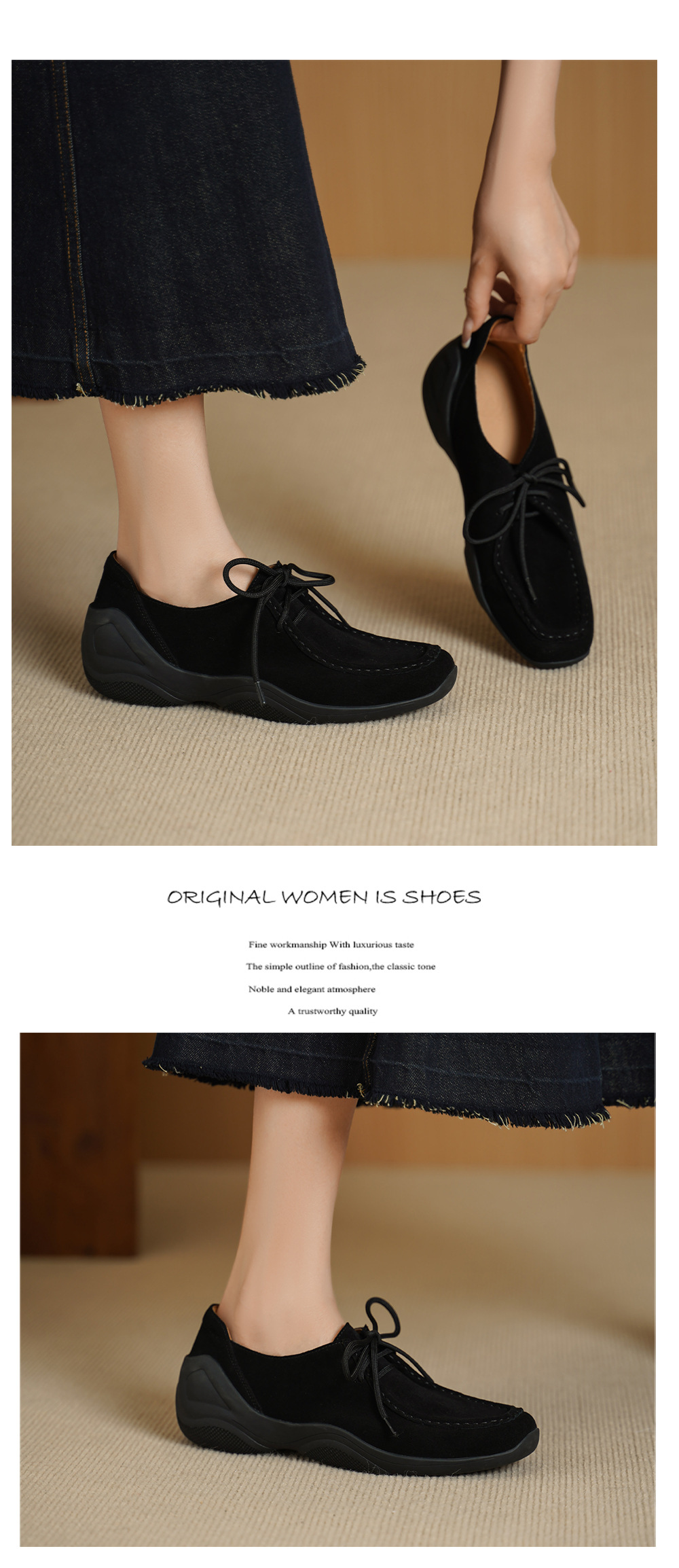 Giày lười nữ mũi vuông da cừu mềm phong cách DeTrain vintage buộc dây — đen chi tiết 9