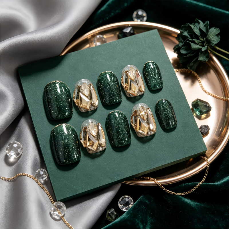 Champagne Gold and Emerald Green Cat Eye Handmade Wearable Nails High-End Light Luxury Short Style Finished Nail Tips Wholesale Champagne Gold and Emerald Green Cat Eye Handmade Wearable Nails High-End Light Luxury Short Style Finished Nail Tips Wholesale