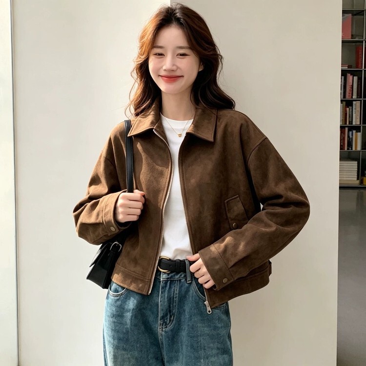 Melard brown coat, trendy spring and autumn retro faux suede versatile design short jacket for petite figures