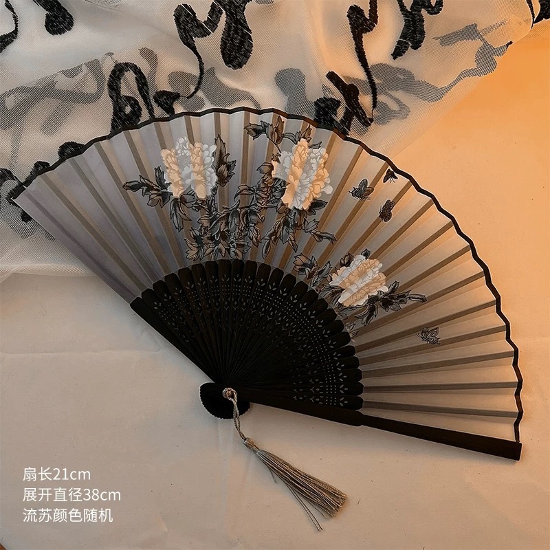 新型扇子古風絹織物扇風機中国風水墨蘭ハスの花梅の折り畳み扇新中国式折扇写真|undefined