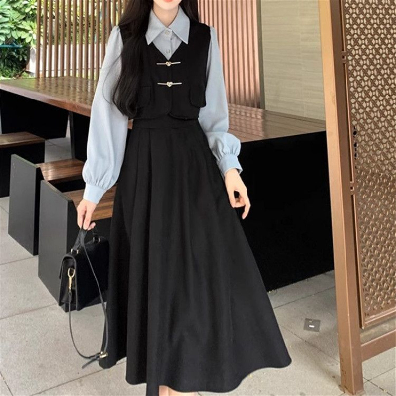 学院风假两件拼接灯芯绒连衣裙女秋冬大码法式复古气质显瘦长裙子|undefined