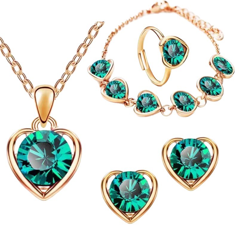 Amazon transfronterizo Europa y Estados Unidos amor de cristal joyas de moda temperamento corazón de melocotón collar pendientes anillo pulsera conjunto de cuatro piezas