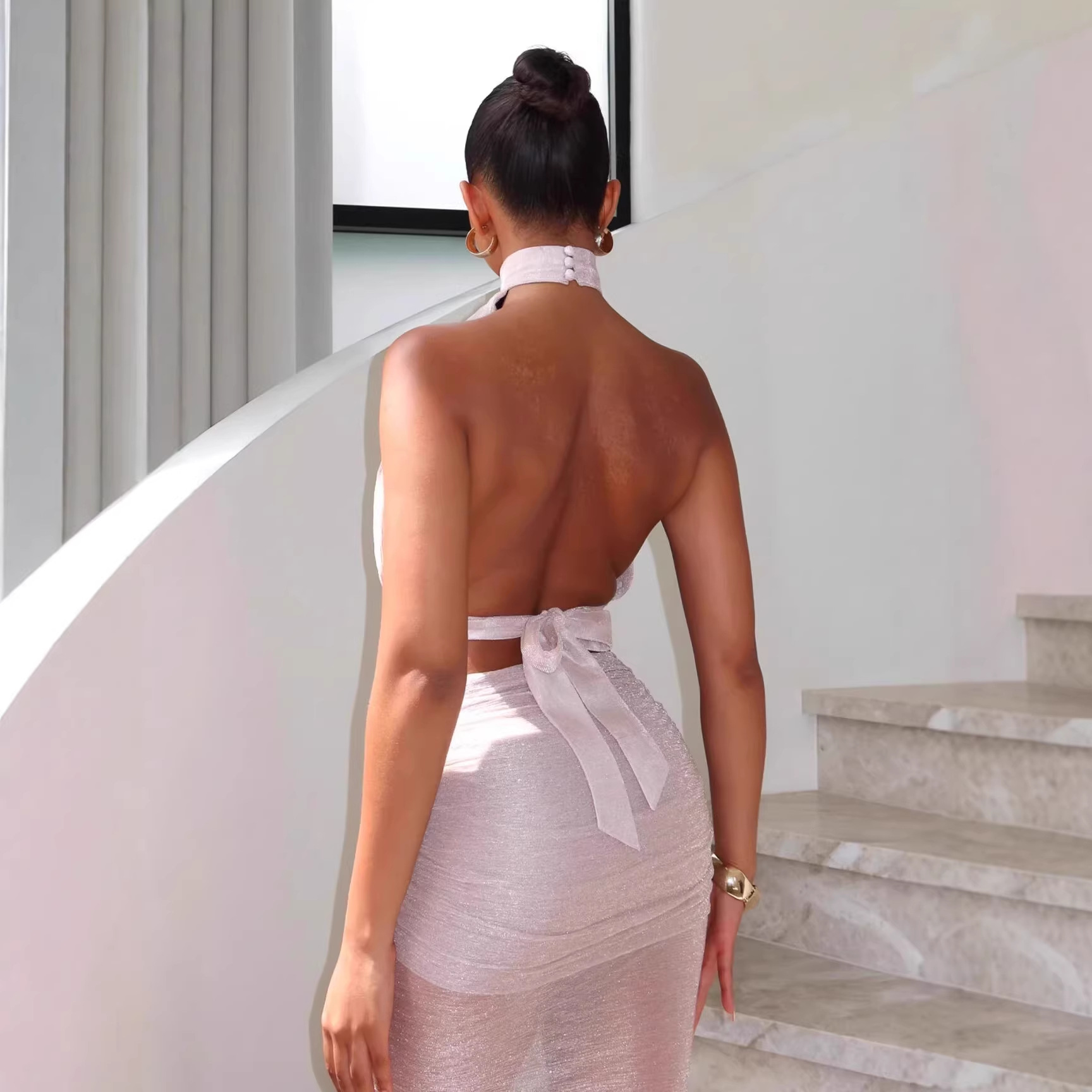 Women's Clothing Women's Sleeveless Halter Neck Glitter Mesh Pleated Skirt Set Sexy Fashion Top Bottoms Combo_ecoleips.com