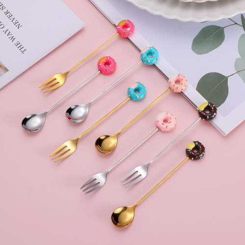Wholesale Instagram desserts fruit fork and spoon set gold-plated stirrer coffee spoon creative donut 430 stainless steel spoon