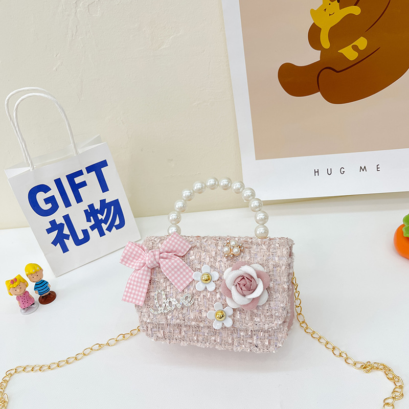 2025 nueva versión coreana de lana de lana, algodón, lino, niños, lazo, perlas, accesorios portátiles, bolsos, bolsos, bolsos de mujer