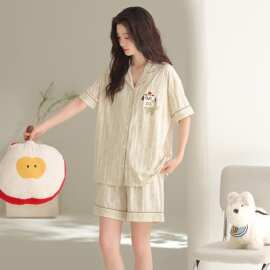 夏季新款莫棉女士短袖短裤开衫翻领睡衣卡通休闲女家居服图片色