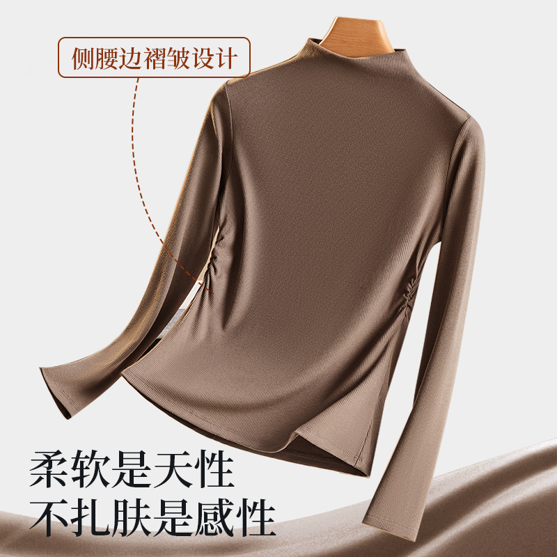 El nuevo cuello ligero y medio alto de hilo es una camisa de fondo de otoño e invierno delgada, alta elasticidad, agradable para la piel, transpirable, chaqueta cálida para mujer
