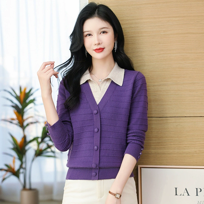 Новинка 2024 года, весенне-осенний женский свитер в западном стиле из искусственных двух частей с лацканами, короткий внутренний свитер, Весенняя рубашка с воротником поло и длинными рукавами