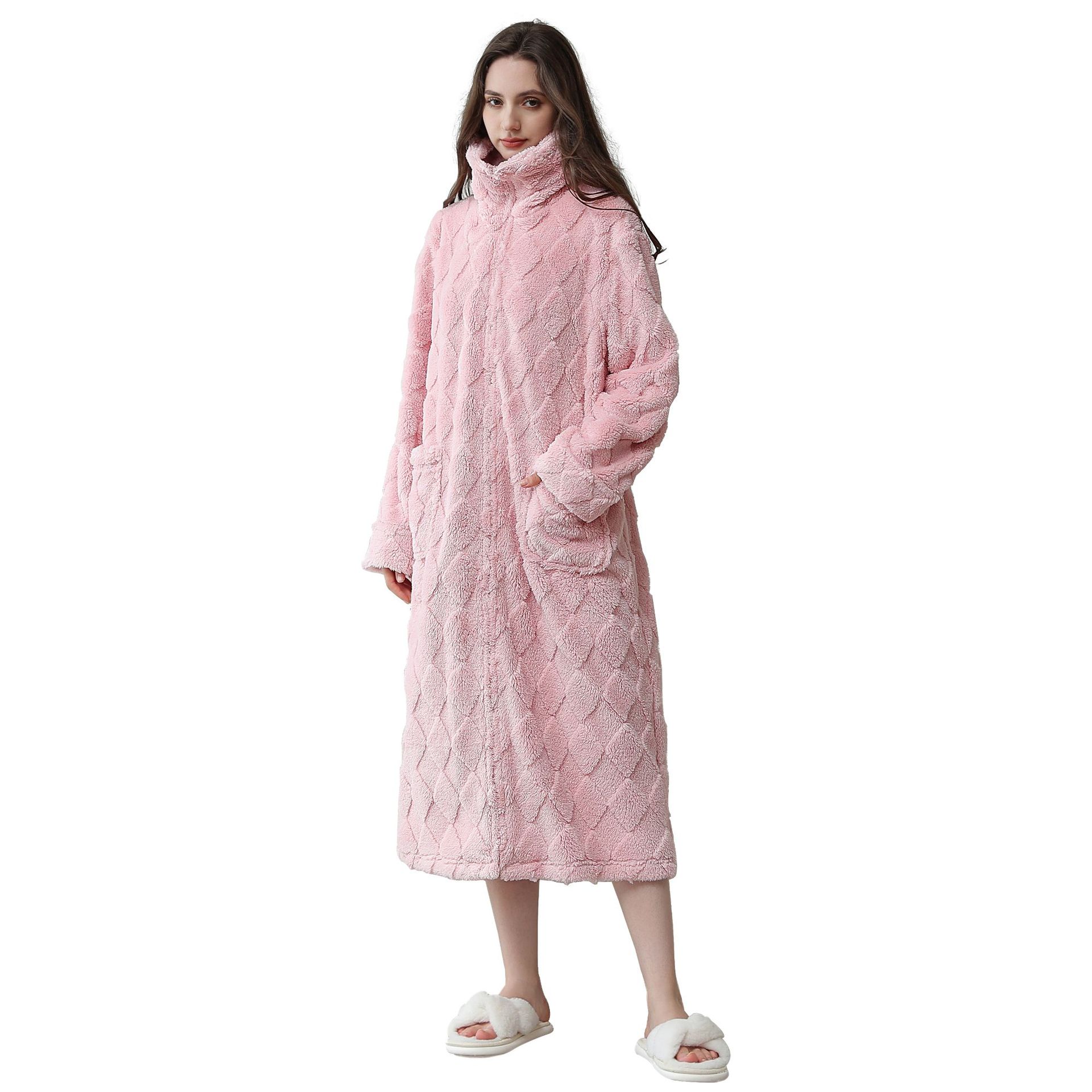 가을과 겨울 새로운 단색 자카드 코튼 벨벳 잠옷 여성의 높은 칼라 따뜻한 간단한 편안한 홈 의류 도매 세대