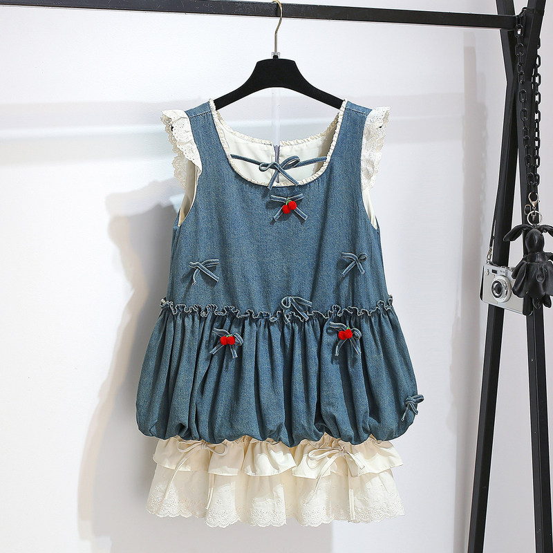 Little Flying Sleeve Denim Flower Bud Camisole Cake Puffy Short Skirt Women's Set 2026 Summer New Dress Little Flying Sleeve Denim Flower Bud Camisole Cake Puffy Short Skirt Women's Set 2026 Summer New Dress