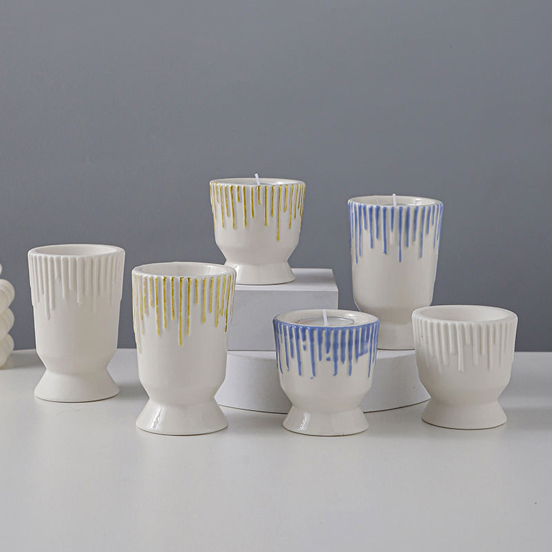 Sencillas rayas verticales rosa azul doble uso candelabro de cerámica candelero taza de la vela contenedor taza hogar candelabro Decoración