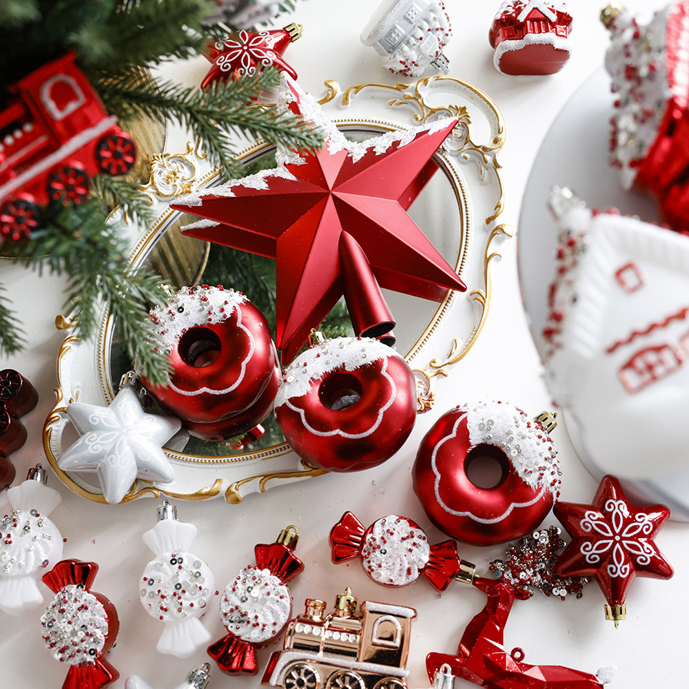 Bola de Navidad roja bola de plástico árbol estrella superior decoración del árbol de Navidad casa colgante donut PVC bola en caja