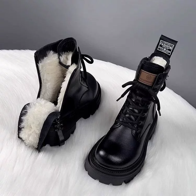 Ботинки платформенные демисезонные (Martens) чёрный бархат, с искусственным мехом, массивная подошва
