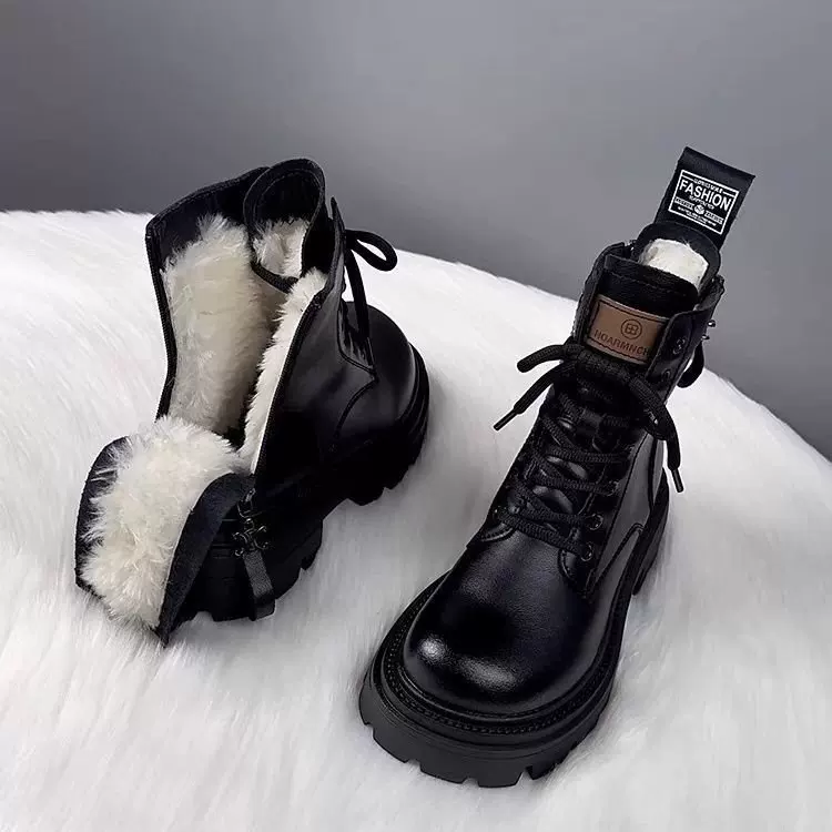 Ботинки платформенные демисезонные (Martens) чёрный бархат, с искусственным мехом, массивная подошва