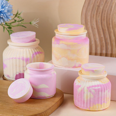 美沐兒 DIY含蓋水泥杯蠟燭杯硅膠模具帶蓋條紋石膏水泥罐擺件模具