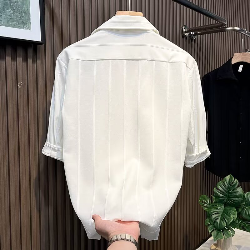 Camicia uomo a maniche corte a righe in misto seta casual_voghion.com