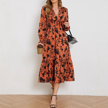 跨境外贸欧美女装亚马逊2025秋季时尚V领长袖高腰碎花大摆连衣裙