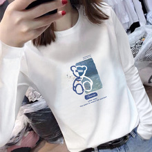 白色长袖宽松纯棉小熊印花t恤女打底衫2021年新款春秋冬百搭上衣