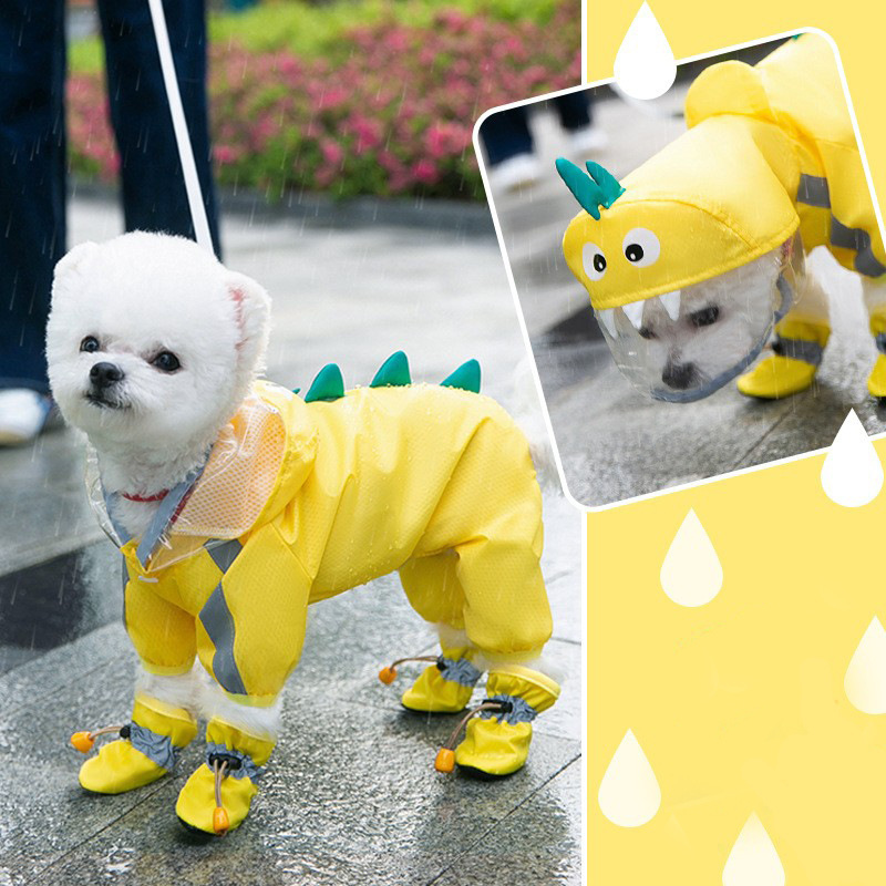 Dinosaurio cachorro impermeable cuatro pies paquete completo oso de peluche pequeño perro de tamaño mediano perro poncho vientre