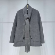 商场同款2025秋冬新款女装宽松显瘦带围巾灰色毛呢大衣 1G9970141