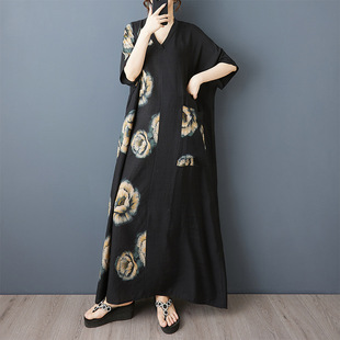 plus size Women's Summer New Color Stitching Black Flesh-Covering Slimming V-Neck Artistic Long dress Gown