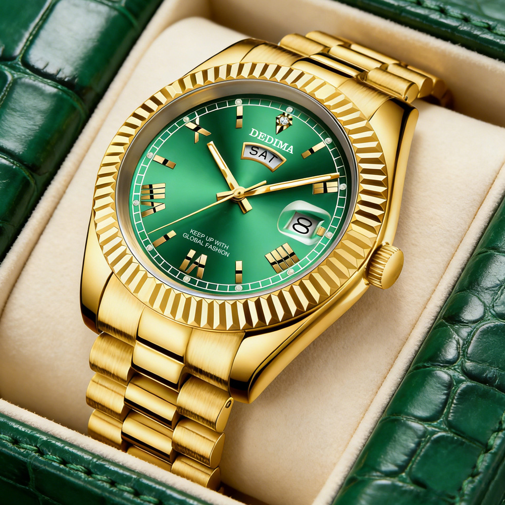 2025 New Elegant Fashion Men's Diamond-encrusted Roman Numerals Double Calendar Steel Band Luminous Watch Cross-border Hot Sale