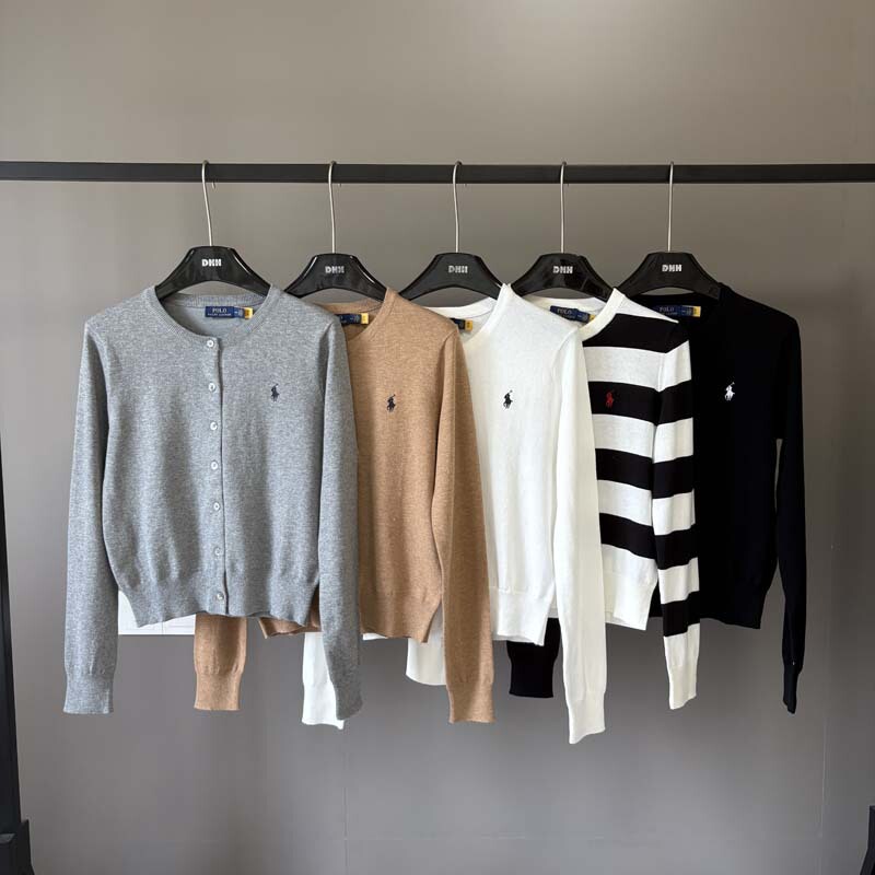 Scan Code Rl Pony Logo Embroidered Cotton Sun Protection Cardigan Thin Knit Jacket Women's Long-Sleeve Round Neck Striped Scan Code Rl Pony Logo Embroidered Cotton Sun Protection Cardigan Thin Knit Jacket Women's Long-Sleeve Round Neck Striped