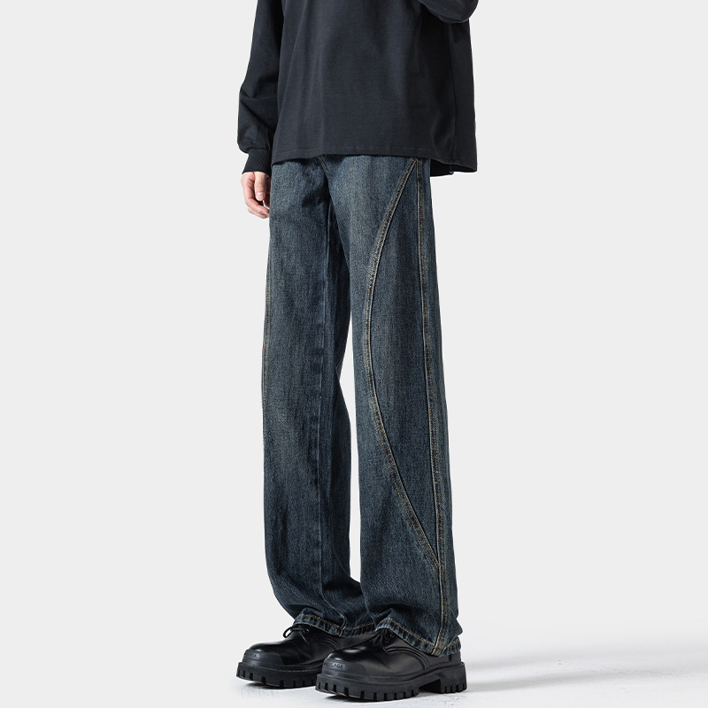 American Retro Patchwork Jeans For Men, Spring Trendy Vibe Loose Wide-leg Casual Pants, Stylish Straight-leg Trousers_voghion.com