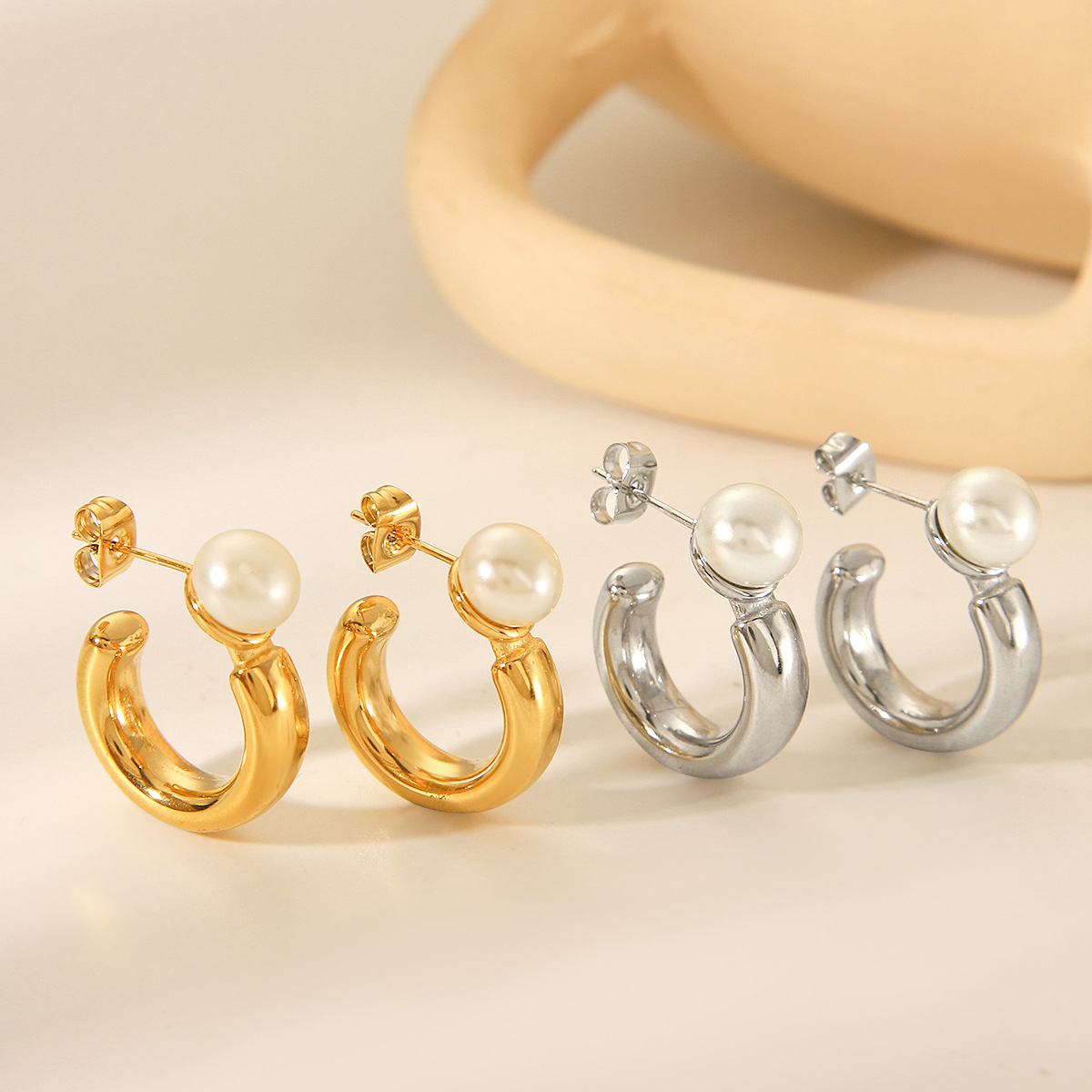 13g Weight 1 Pair IG Style Geometric Mixed Metal Plating 304 Stainless Steel Artificial Pearls Ear Studs