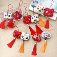 中国风毛绒醒狮流苏挂饰 喜庆公仔车载挂饰包包挂饰品汉服配饰